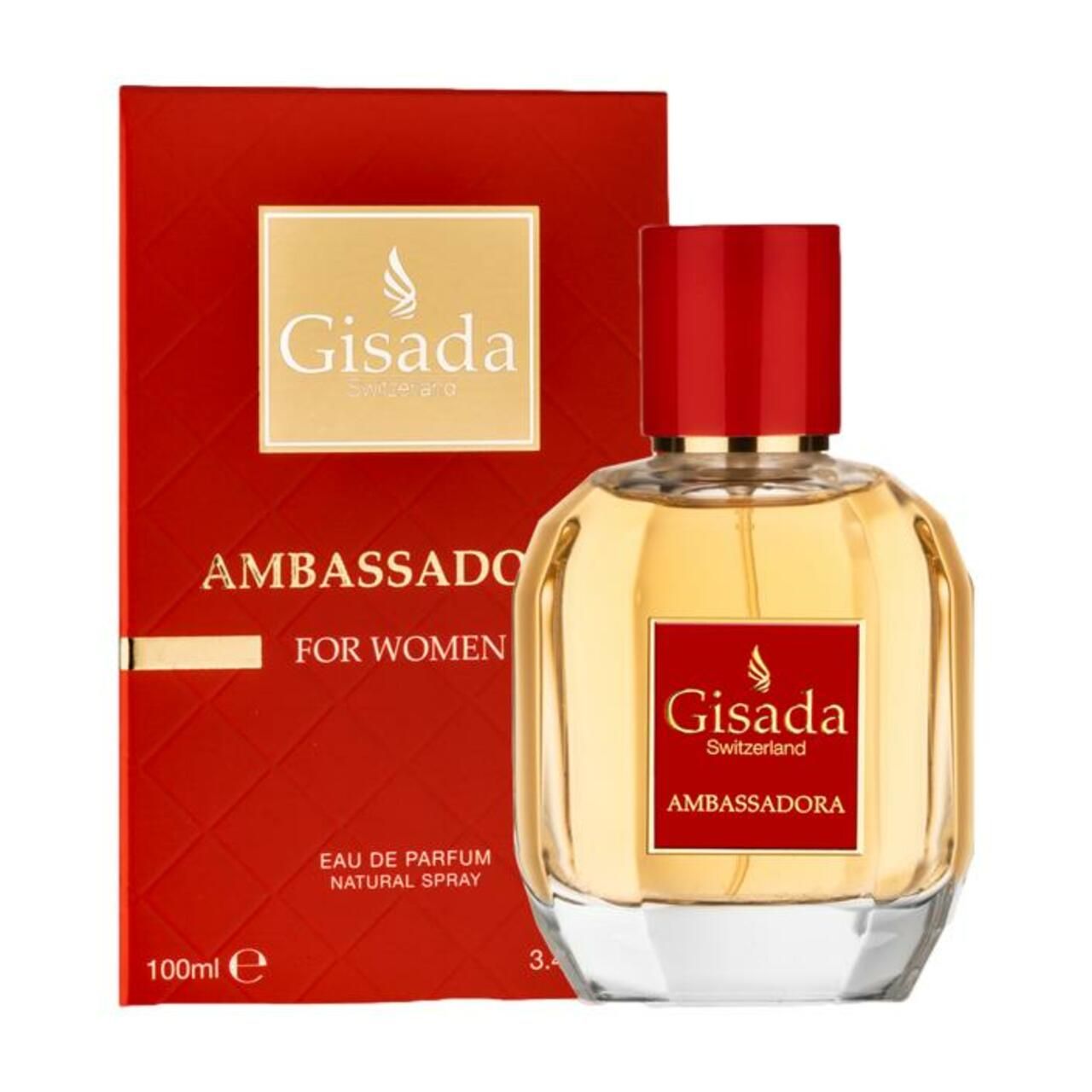 Parfümflakon und Verpackung. Roter Karton mit Aufschrift: Gisada Switzerland Ambassadora. Für Damen.