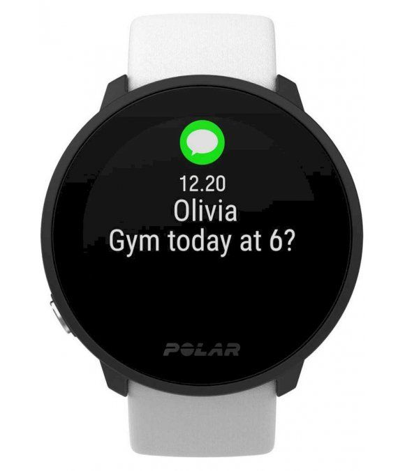Polar Unite Fitnessuhr mit Nachricht. Anzeige: Name, Nachrichtentext. Schwarzes Gehäuse, weißes Armband.