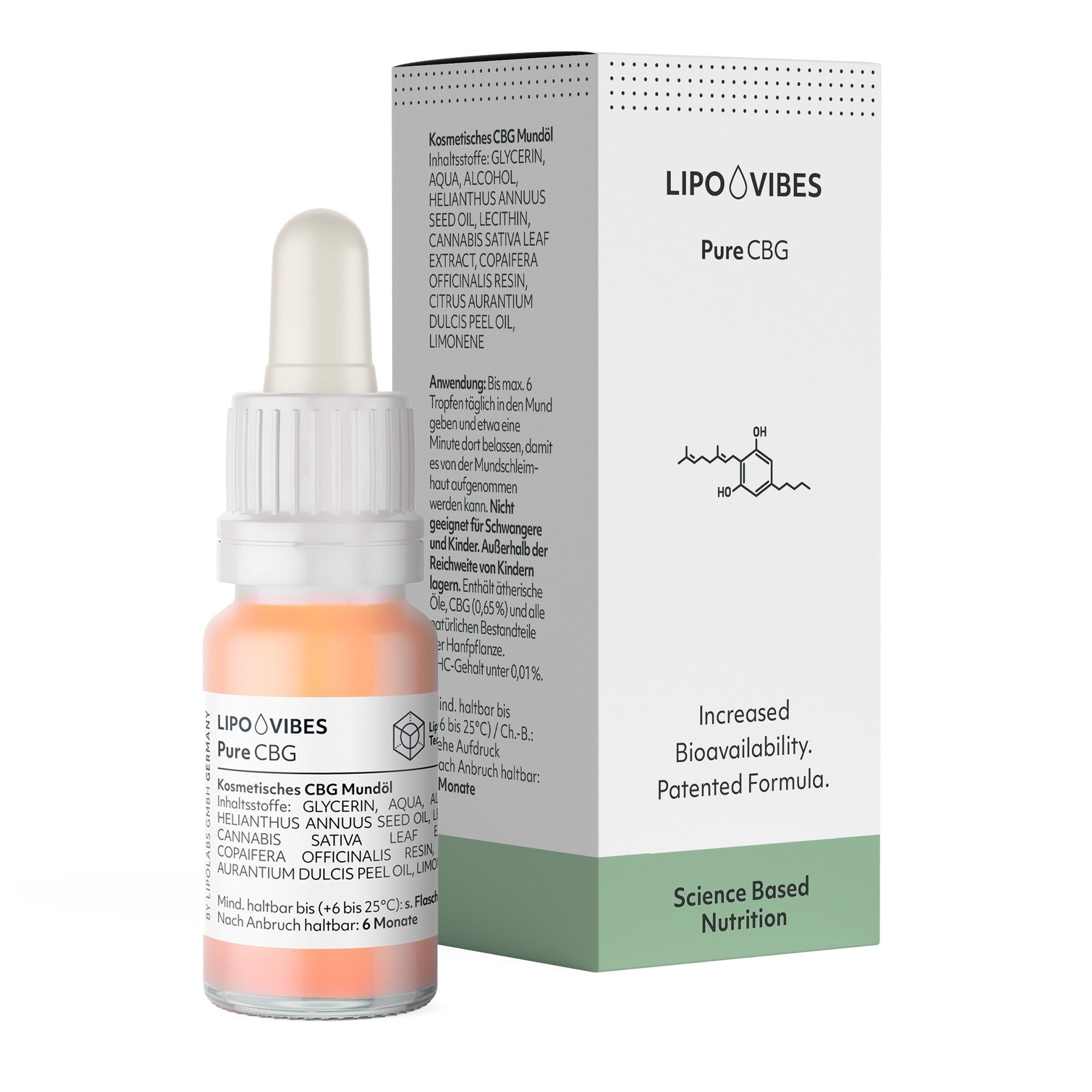 Braunglasflasche mit Pipette und Karton. LipoVibes Pure CBG. Inhaltsstoffe und Anwendungshinweise.
