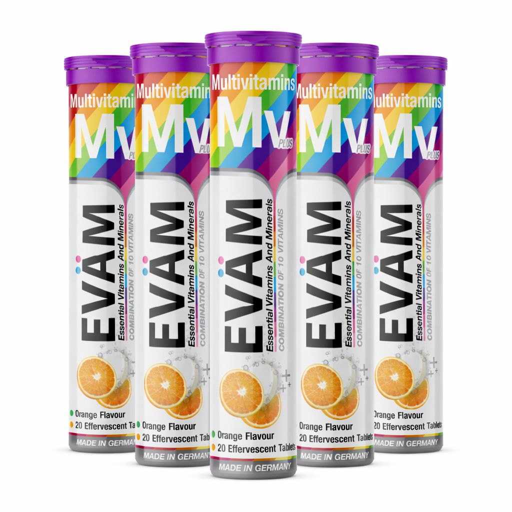 Fünf Tuben EVÄM Multivitamin. Jede Tube enthält 20 Brausetabletten mit Orangengeschmack. Aufschrift: Essential Vitamins and Minerals.