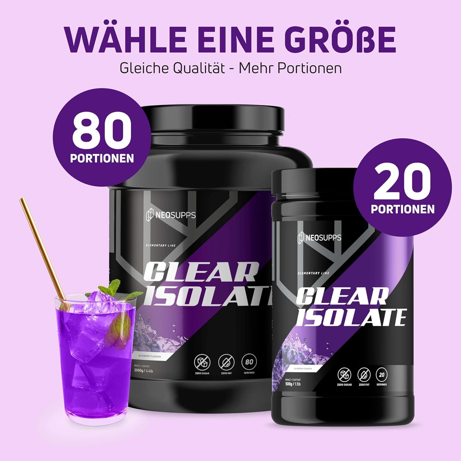 Zwei Behälter Neosupps Clear Isolate Protein Pulver in verschiedenen Größen mit Blaubeer-Shake.