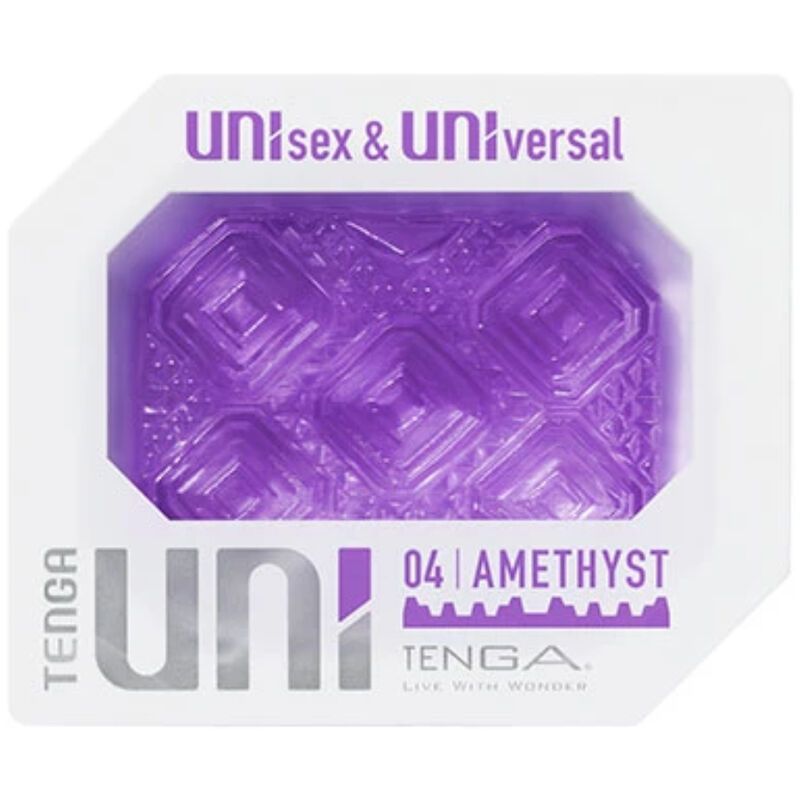 TENGA UNI Amethyst, in weißer Verpackung. Lila Produkt mit quadratischen Elementen. Text: UNIsex & UNIversal.