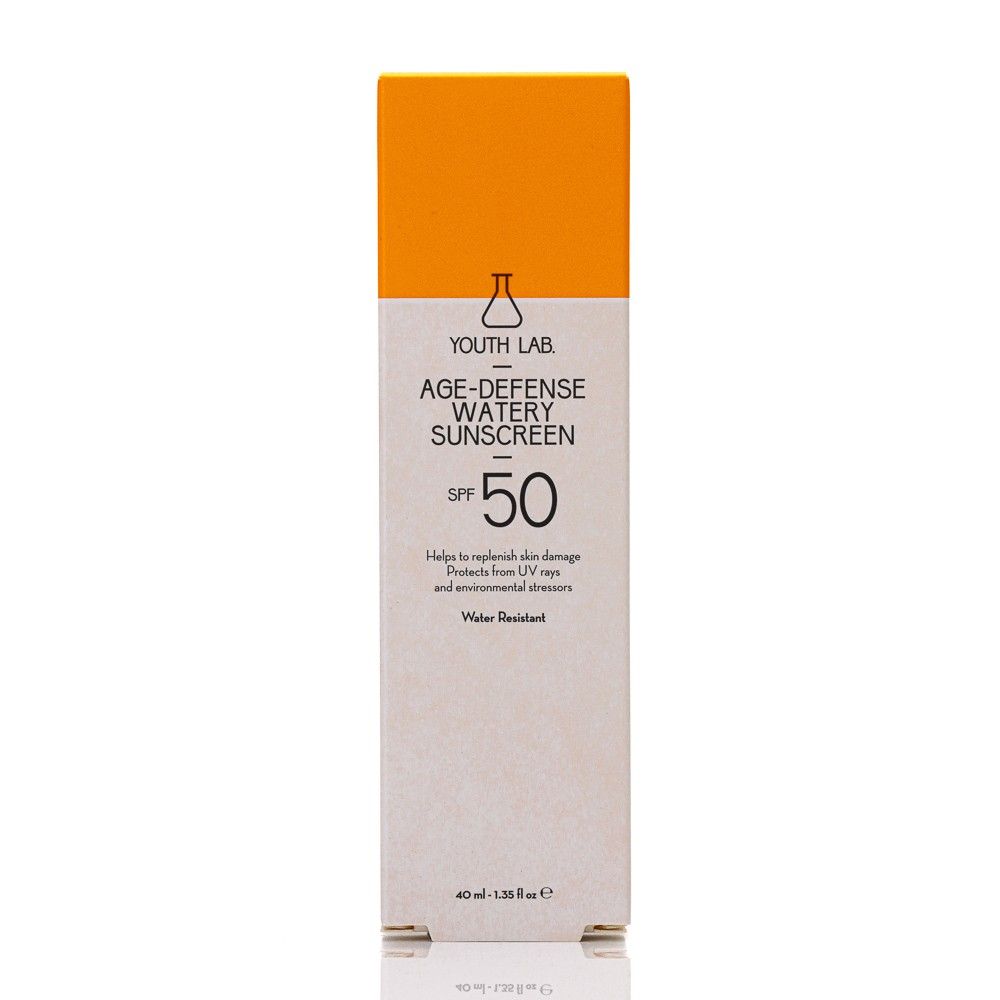 Karton YOUTH LAB Age Defense Watery Sunscreen SPF50. Weiß, orange. Text: Sonnenschutz, wasserfest. 40 ml.