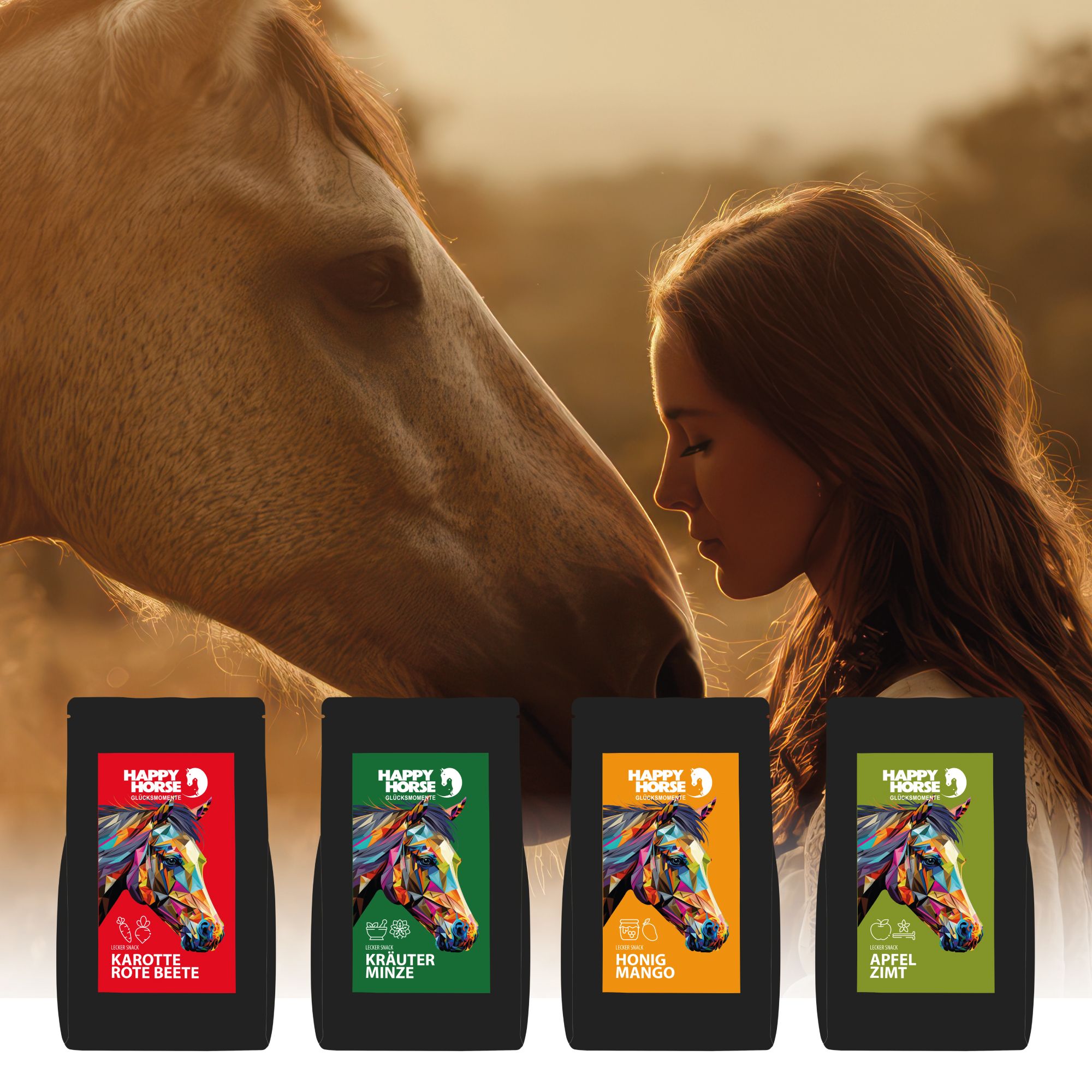 Vier schwarze Verpackungen mit Produktabbildungen. Aufdruck: Happy Horse. Verschiedene Geschmacksrichtungen: Karotte, Kräuter, Mango, Apfel.
