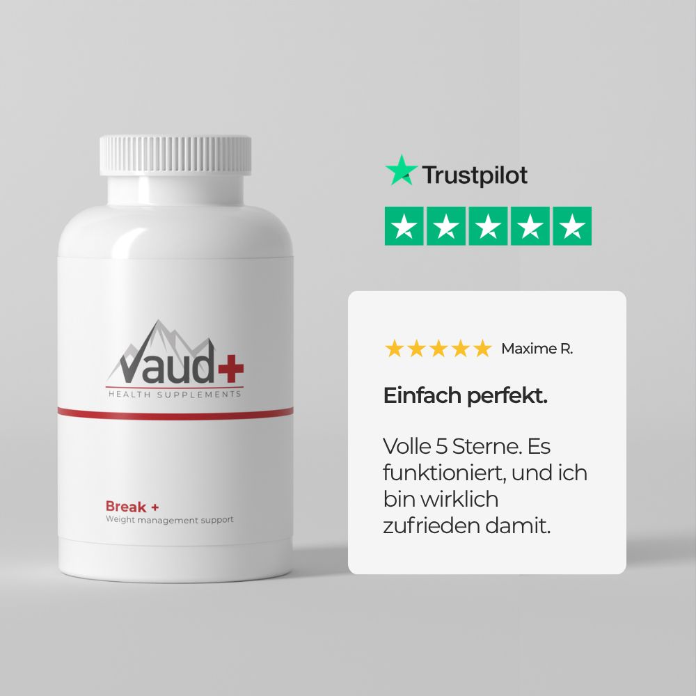 Weiße Flasche mit roter und grauer Beschriftung. Vaud+ Health Supplements, Break+. Trustpilot Bewertung.