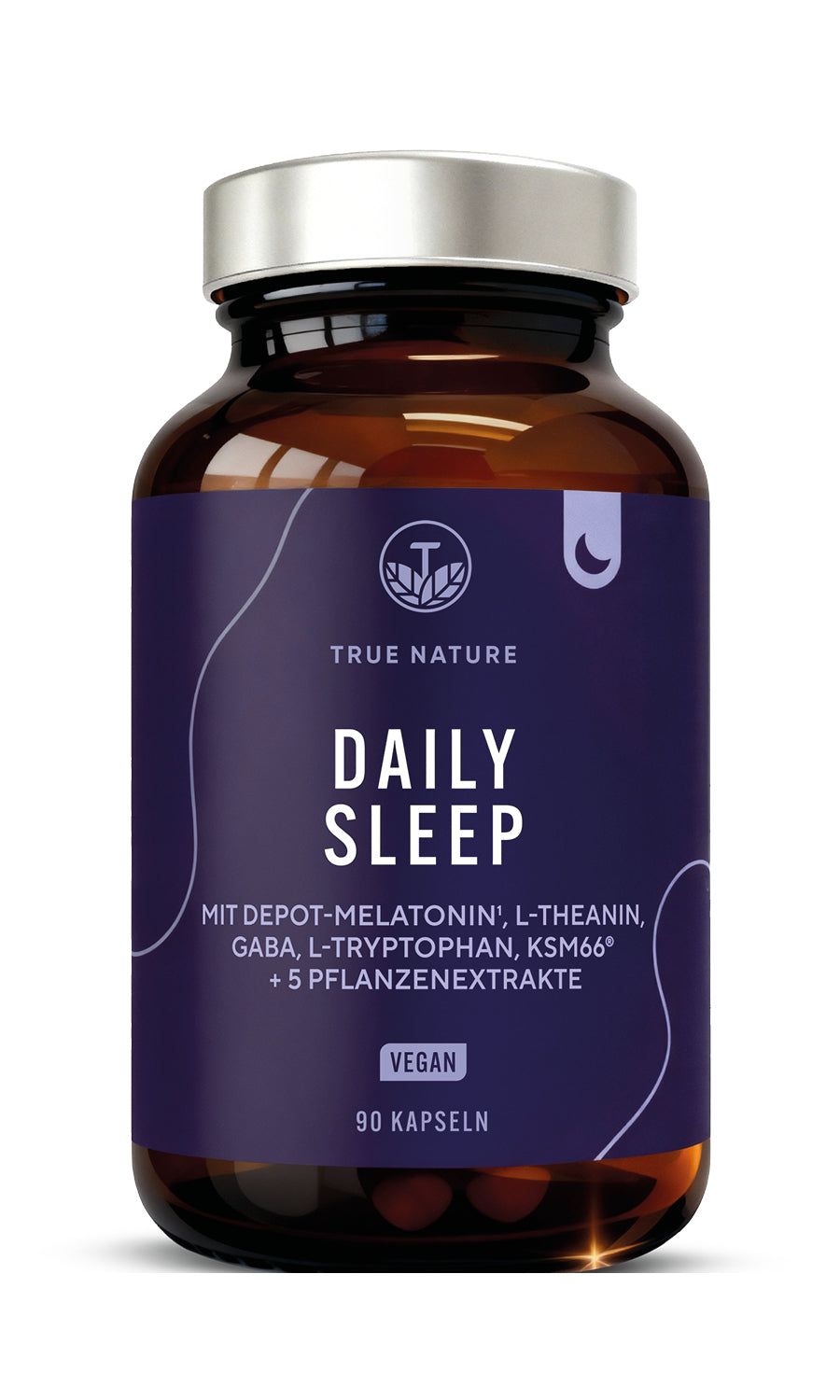 Braune Glasflasche mit violettem Etikett. Enthält Kapseln. Aufschrift: TRUE NATURE, DAILY SLEEP, vegan. Enthält Melatonin, L-Theanin, GABA.