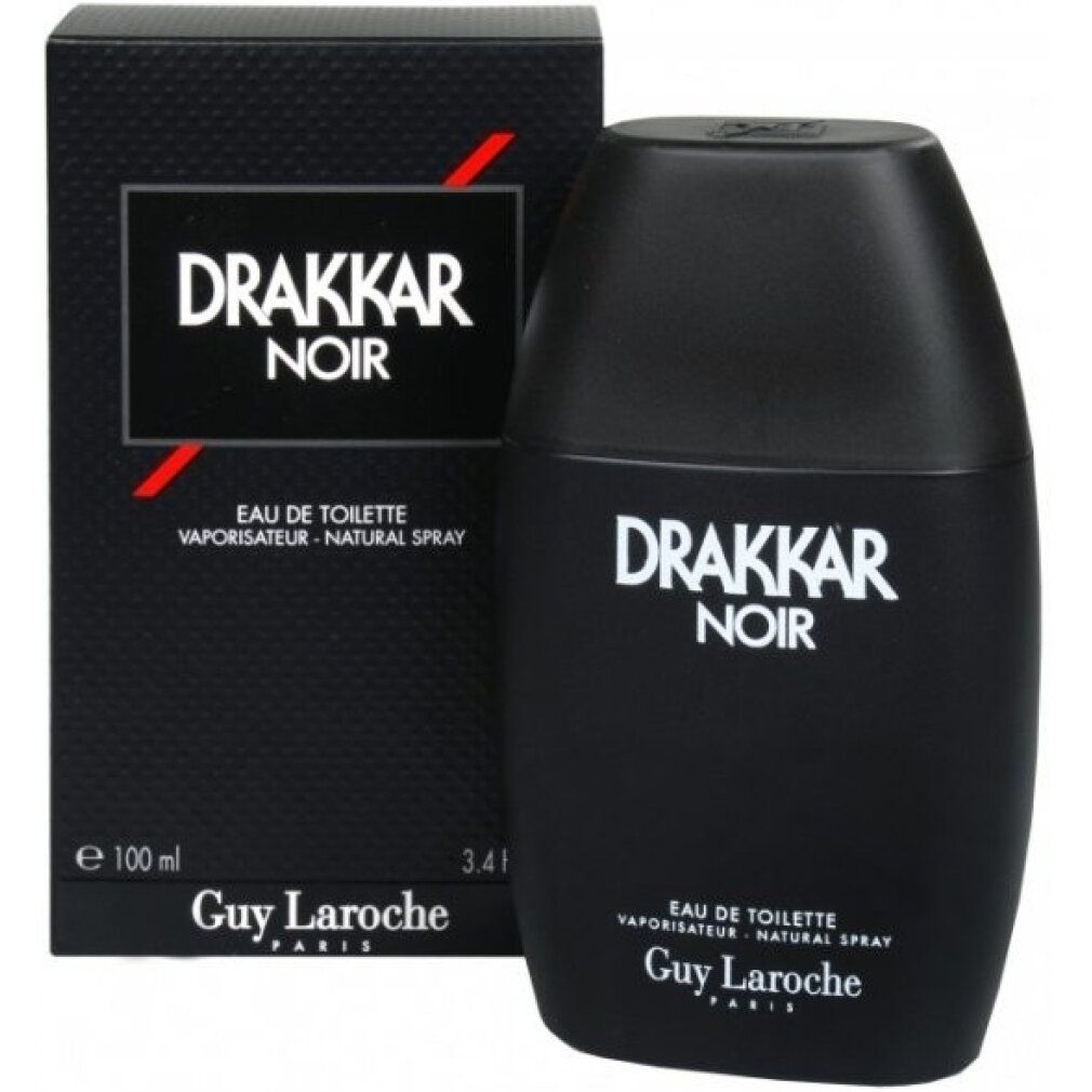 Schwarzer Flakon und Verpackung mit weißem Drakkar Noir-Logo. Eau de Toilette, Natural Spray. Guy Laroche.