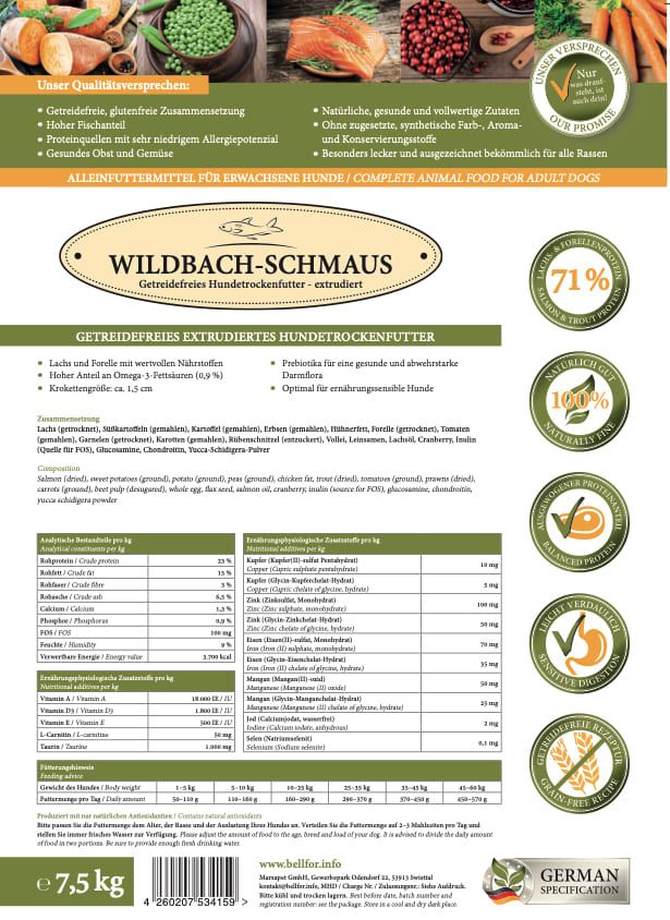 Bellfor Trockenfutter für Hunde mit Wildlachs und Bachforelle Getreidefrei - Wildbach-Schmaus