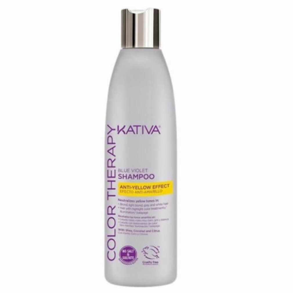 Graue Shampoo-Flasche mit silbernem Deckel. Aufschrift: Kativa, Blue Violet Shampoo, Anti-Yellow Effect. Logo: Cruelty Free.