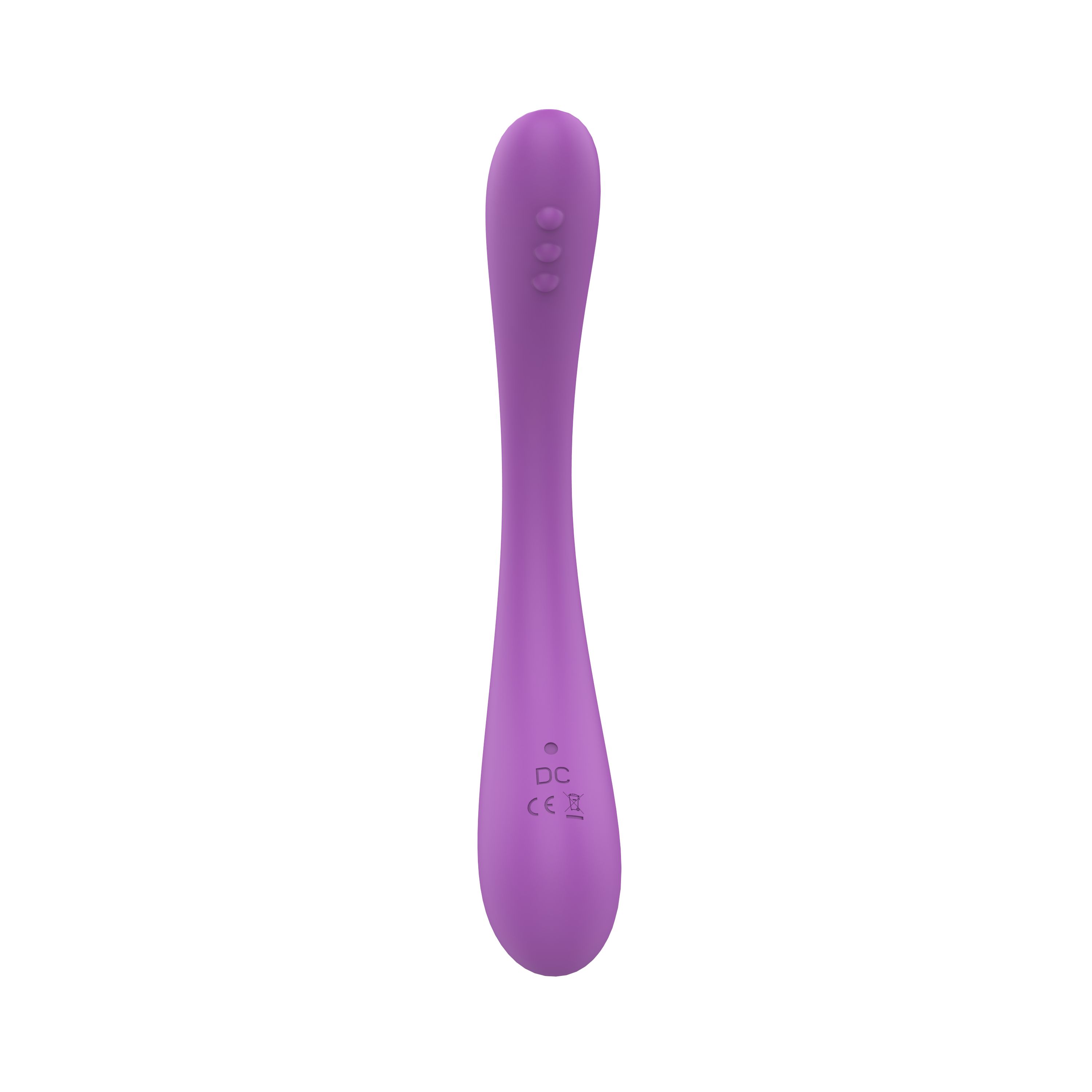 Lila Vibrator mit geschwungener Form. Drei Knöpfe an der Spitze. CE-Kennzeichnung.