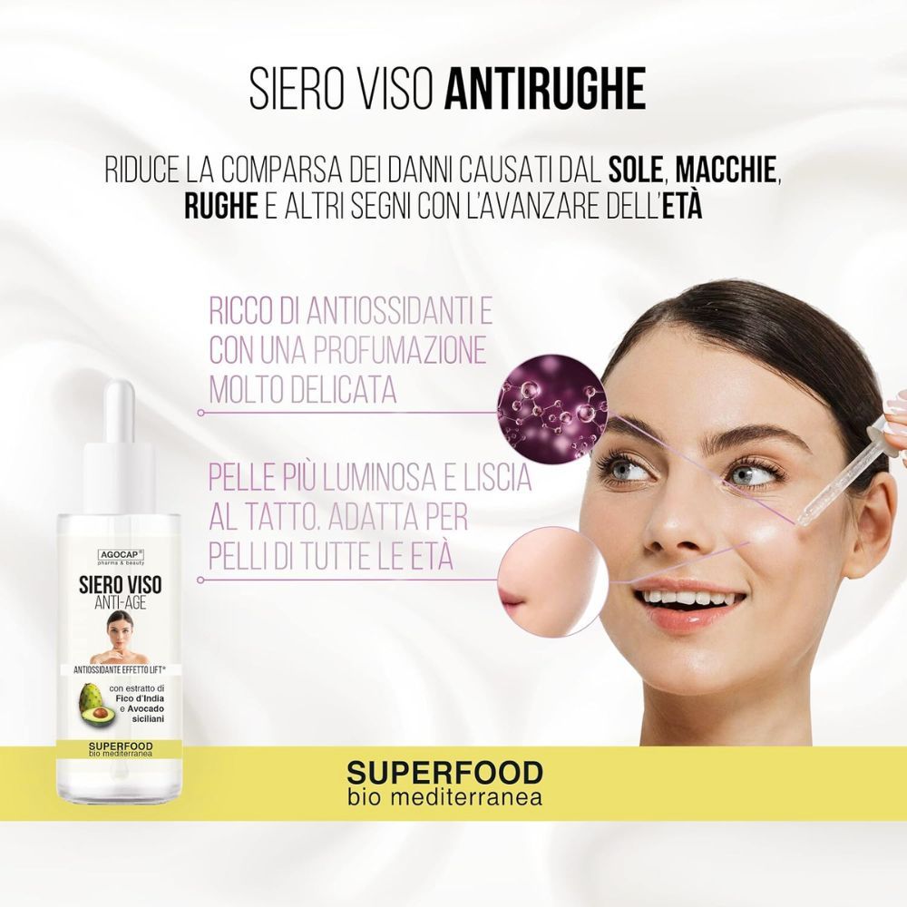 Gesichtsserum-Fläschchen. Aufschrift: Siero Viso Anti-Age. Mit Avocado und Feigenkaktus-Extrakt. Superfood. Frau mit Pipette.