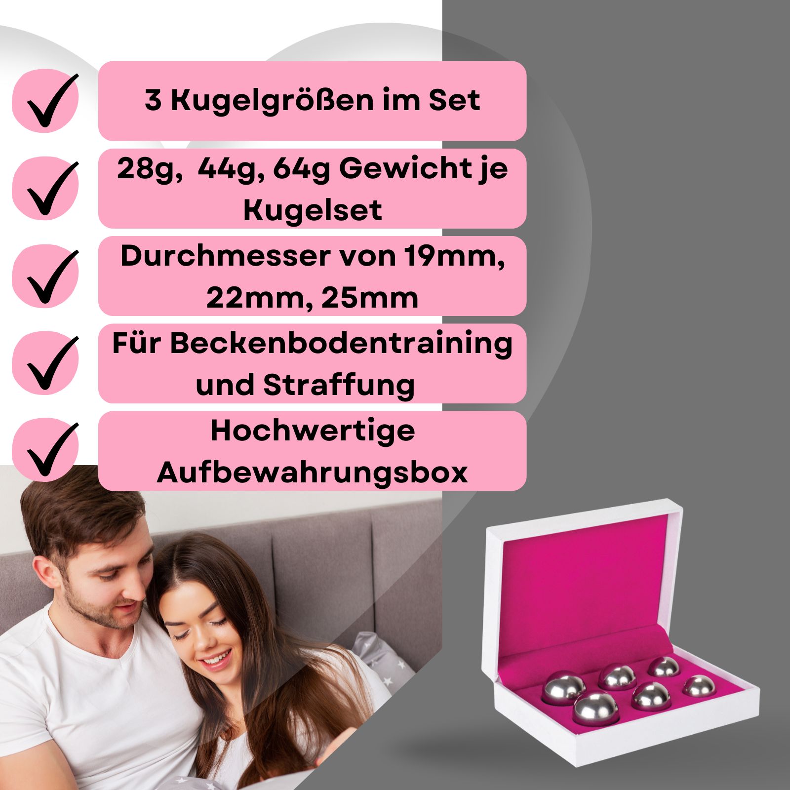 Produkt-Set mit sechs metallischen Kugeln in einer weißen Box. Text: 3 Kugelgrößen, Gewichte, Durchmesser, Beckenbodentraining.