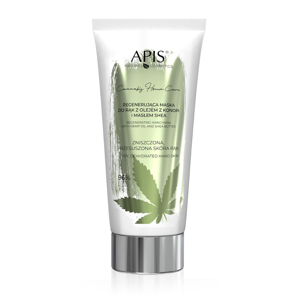 Weiße Tube mit APIS-Logo und Cannabis Home Care-Aufdruck. Regenerierende Handmaske mit Hanföl und Sheabutter.