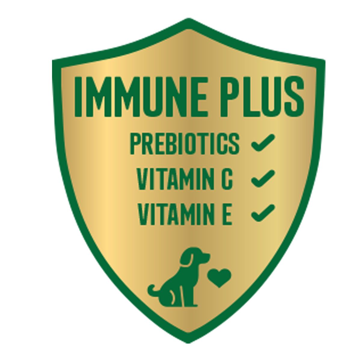 Goldenes Schild-Symbol mit grüner Schrift: Immune Plus, Prebiotika, Vitamin C, Vitamin E.