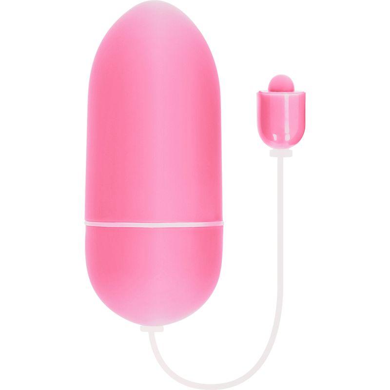 Rosa, längliches Wellness-Produkt mit Kabel und Aufsatz. Wasserdichtes Design.