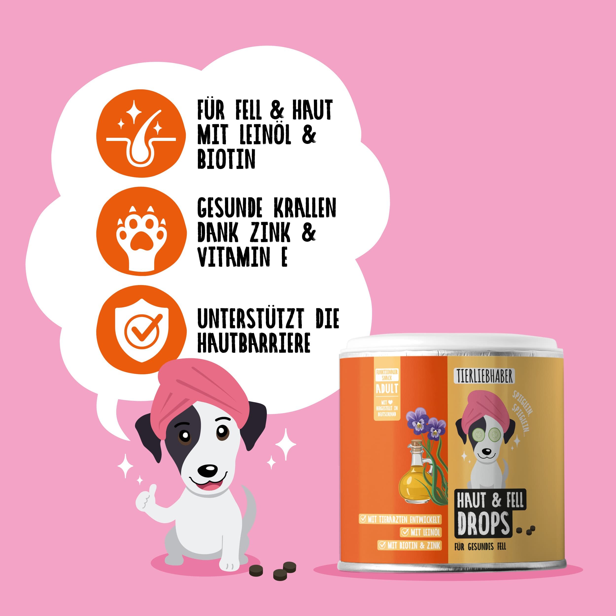 Dose Tierliebhaber Haut & Fell Drops mit Hund, der eine Gesichtsmaske trägt. Sprechblase mit Infos.