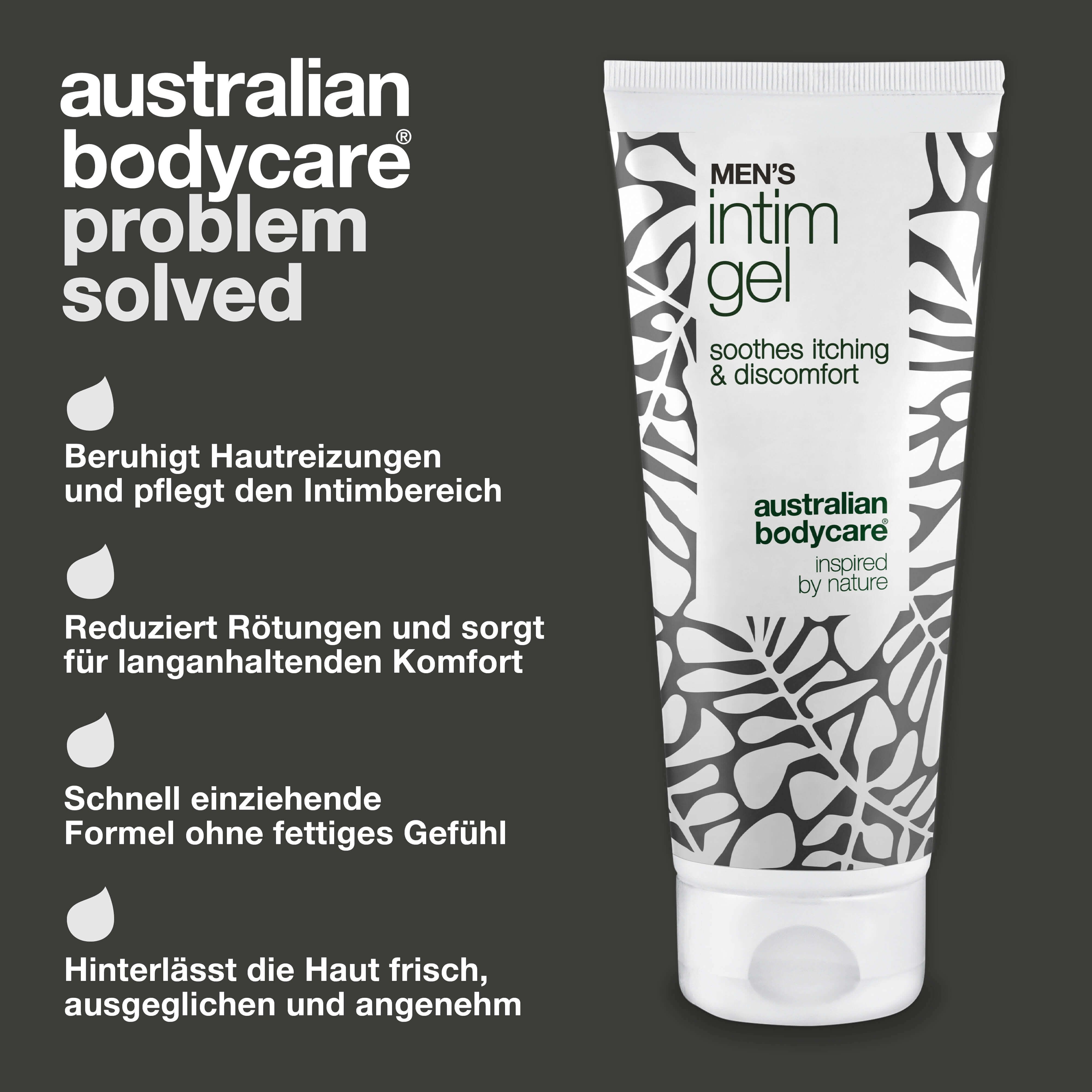Text: Australian Bodycare, Problem gelöst. Tube Intimgel. Text: Men's Intimgel, beruhigt, reduziert Rötungen, etc.