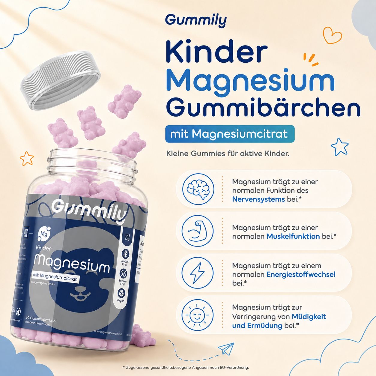 Gummily Kinder Magnesium Gummibärchen Behälter mit abgenommenem Deckel, Gummibärchen daneben.