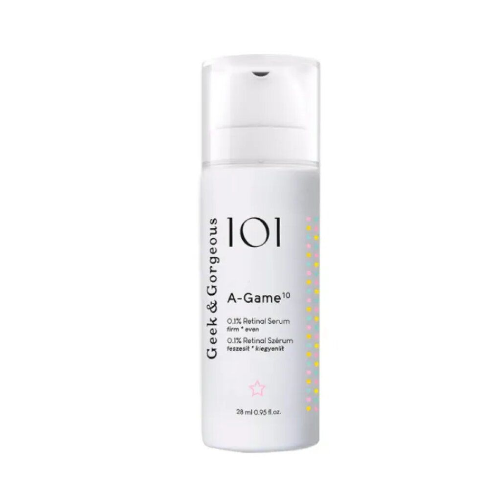 Weiße Flasche mit Text: Geek & Gorgeous, A-Game 10. 0,1% Retinal Serum. 28 ml. Pumpkopf.