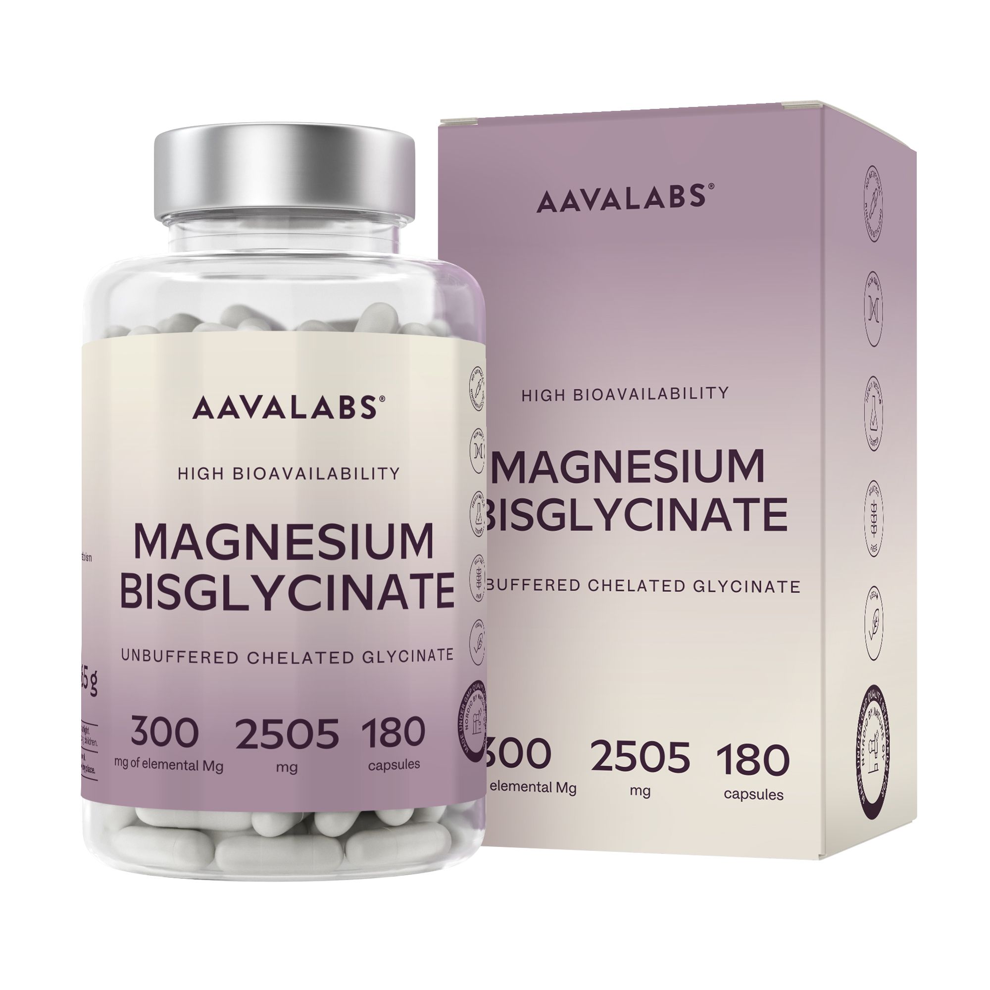 Klarflasche mit Kapseln und Karton. Aufschrift: Magnesiumbisglycinat. 180 Kapseln.