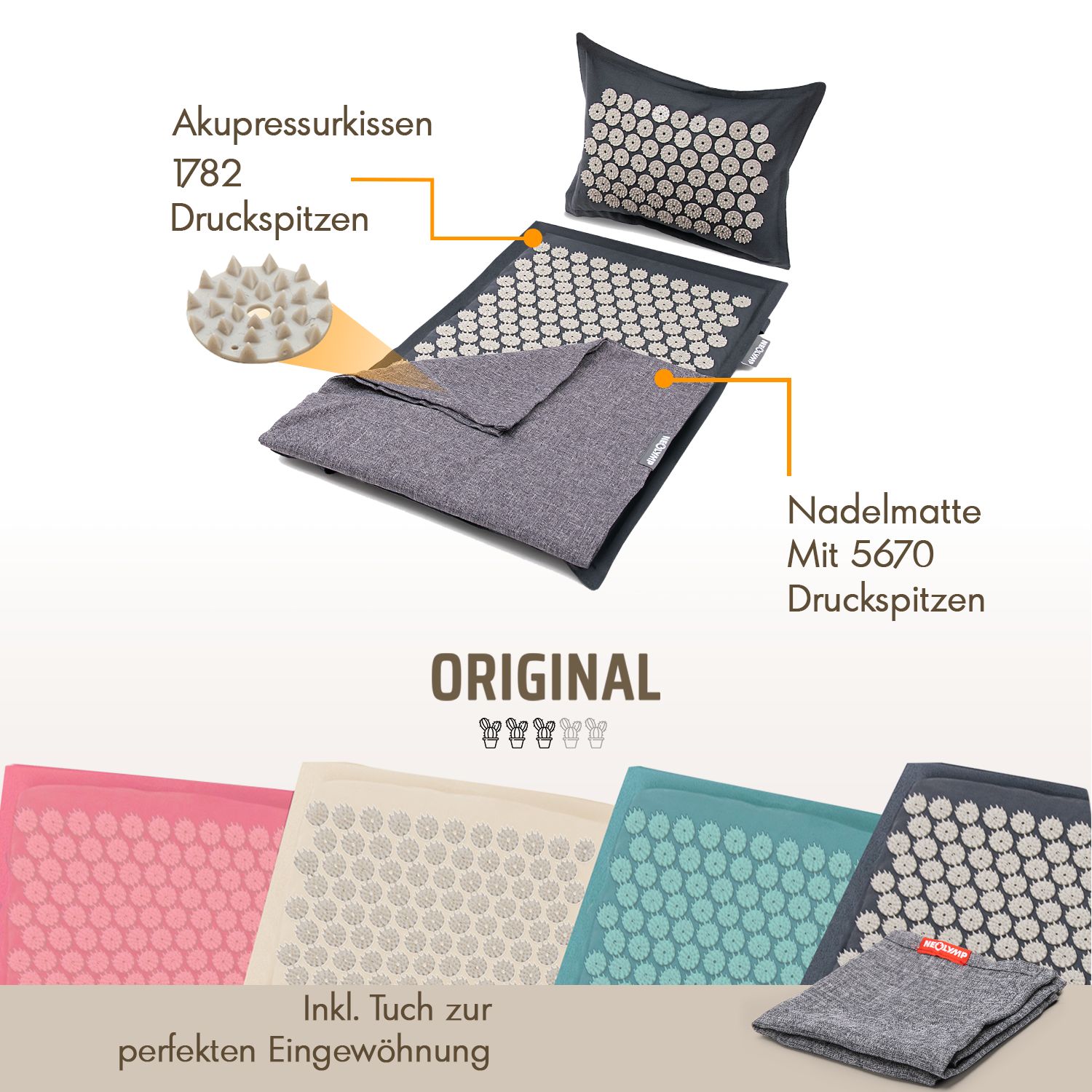 Akupressurmatte mit Kissen und Tuch. Text: Akupressurkissen, 1782 Druckspitzen. Nadelmatte mit 5670 Druckspitzen. Inkl. Tuch.