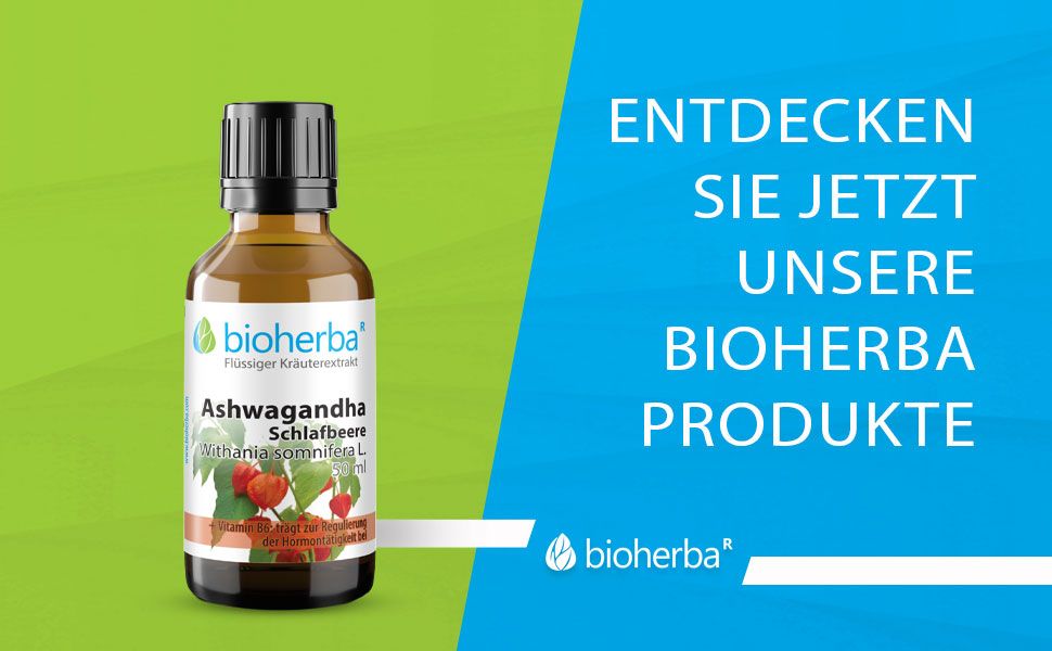 Braune Glasflasche mit schwarzem Deckel. Text: Entdecken Sie jetzt unsere Bioherba Produkte. Grüner Hintergrund.