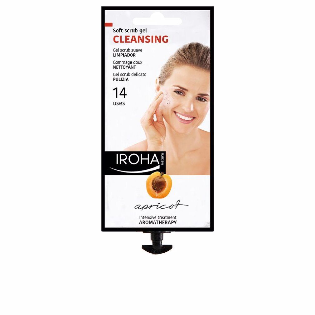 Produktverpackung mit Frau und Produktabbildung. Text: Soft scrub gel CLEANSING, 14 uses, IROHA, apricot. Aromatherapie.