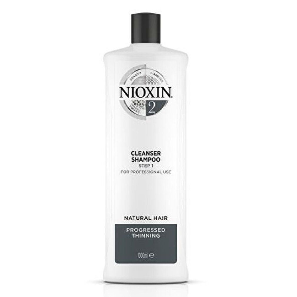Weiße Flasche mit schwarzem Deckel. Aufschrift: Nioxin, Cleanser Shampoo, 2. Schwarzes Etikett mit Text. 1000ml.
