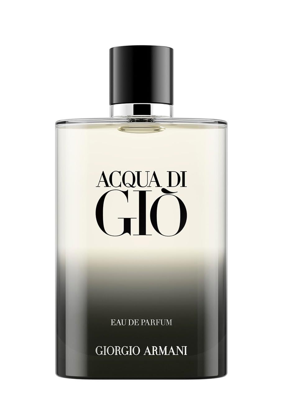 Glasflakon mit schwarzem Verschluss. Aufschrift: Acqua di Giò, Eau de Parfum, Giorgio Armani. Farbverlauf von transparent zu dunkelgrau.
