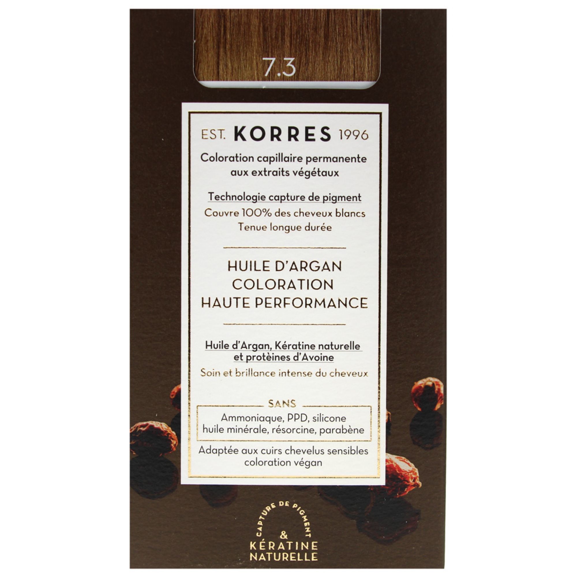 KORRES Arganöl Haarcoloration 7.3 Honigblond Gold. Dauerhafte Coloration mit pflanzlichen Extrakten.