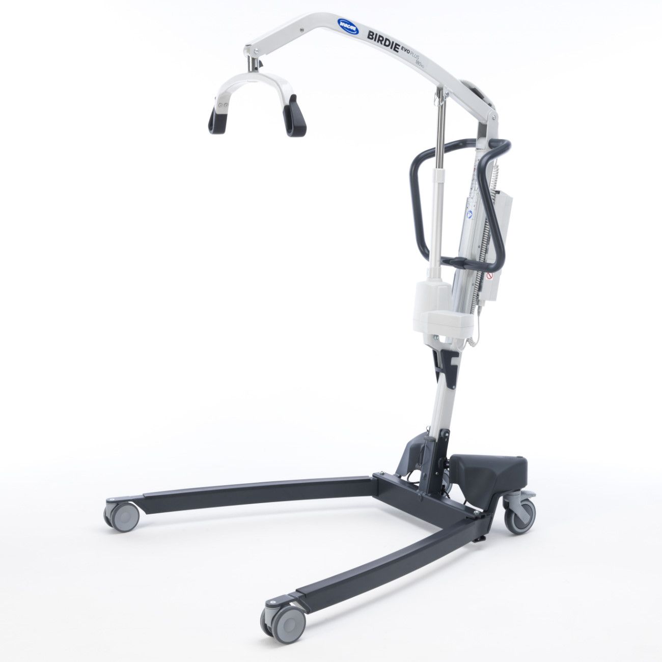 Patientenlift mit Rollen, grau-schwarz. Hebevorrichtung mit Bügel und Gurten. Invacare Birdie Evo Plus.