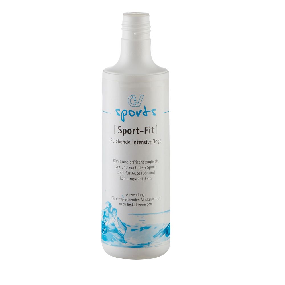 Weiße Flasche Sport-Fit Intensivpflege mit blauem Etikett und Detailansicht des Flaschenhalses.