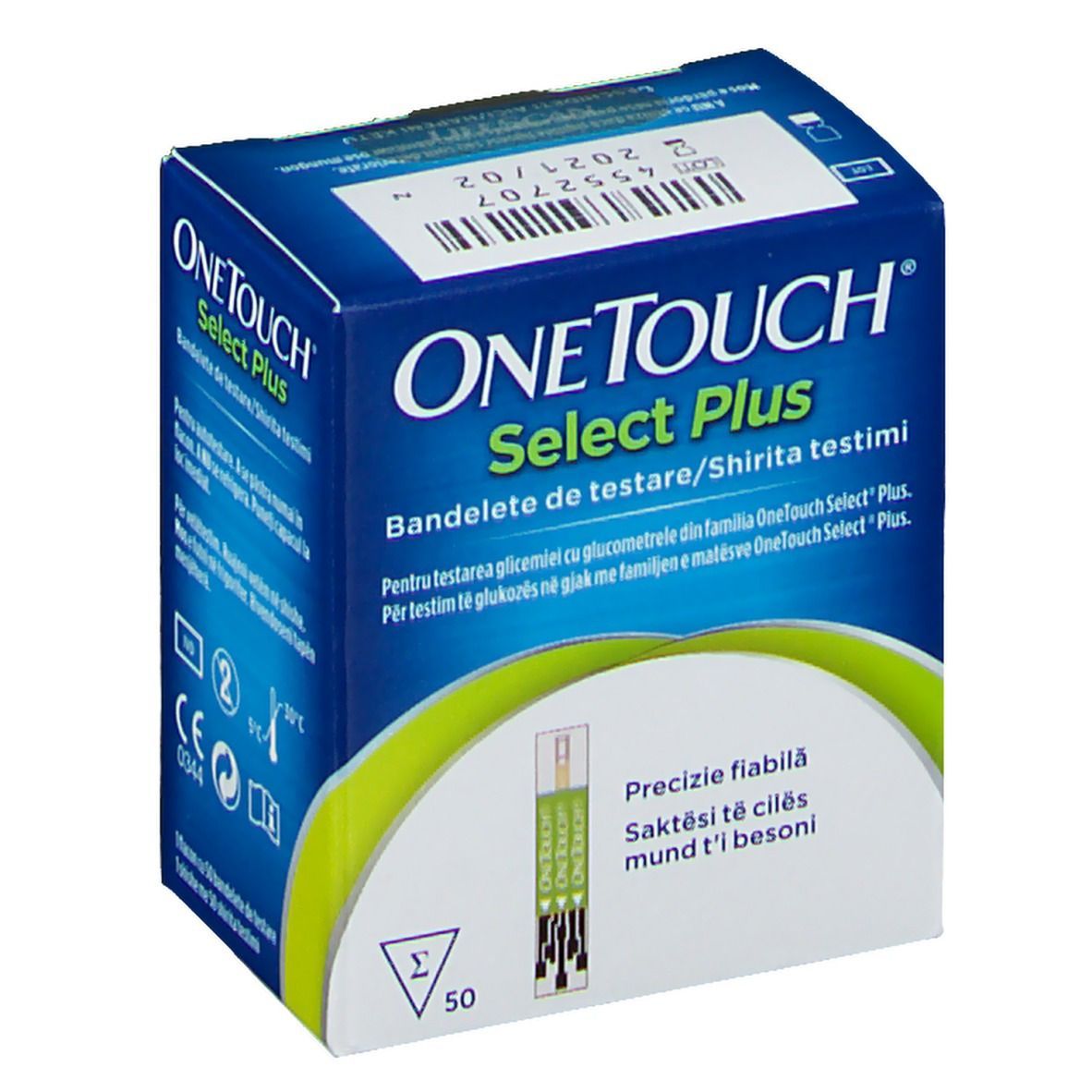 Blau-weiße Schachtel "OneTouch Select Plus" mit Text. Enthält 50 Teststreifen. Mehrsprachige Beschriftung. CE-Zeichen.