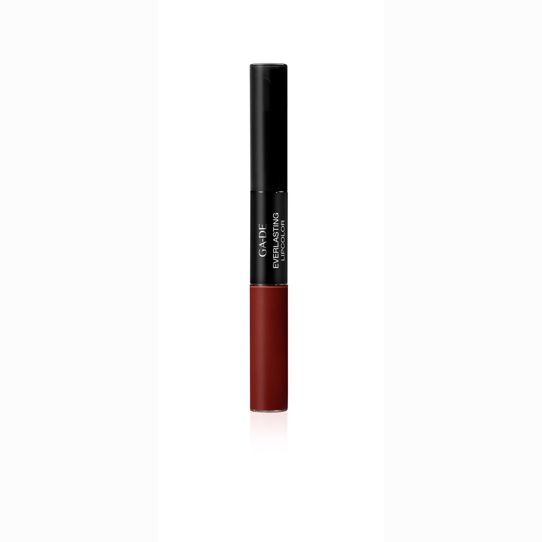 Lippenstift mit schwarzem Deckel und brauner Farbe. Auf dem Produkt steht "GA-DE Everlasting Lipcolor".