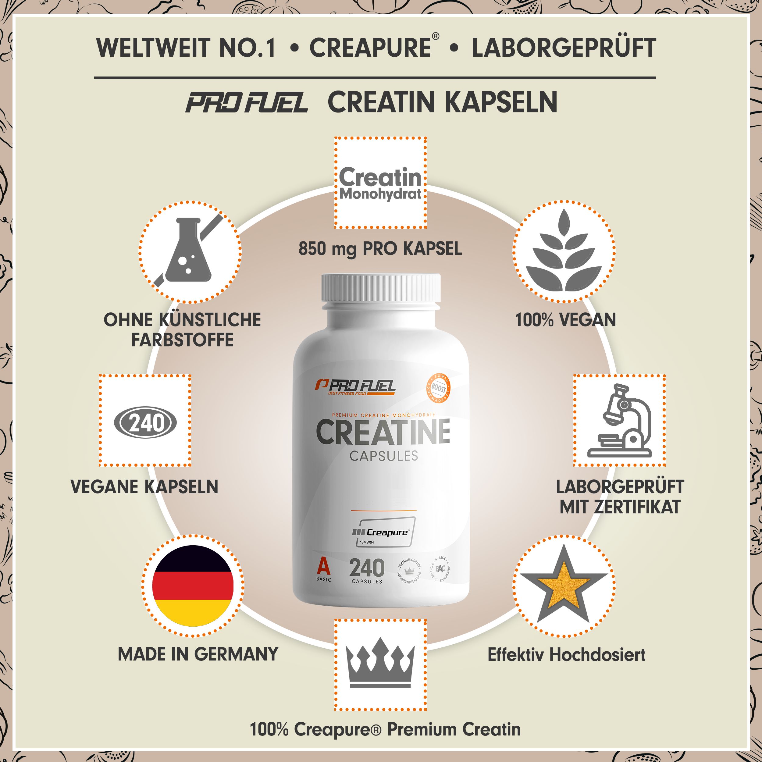 Weiße Flasche mit Kapseln. Text: CREATIN Kapseln, 850 mg pro Kapsel, vegan, Made in Germany, Creapure®.