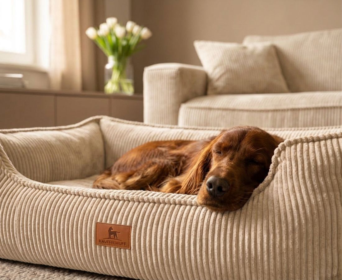 Brauner Hund schläft in einem beigen Cord-Hundebett.