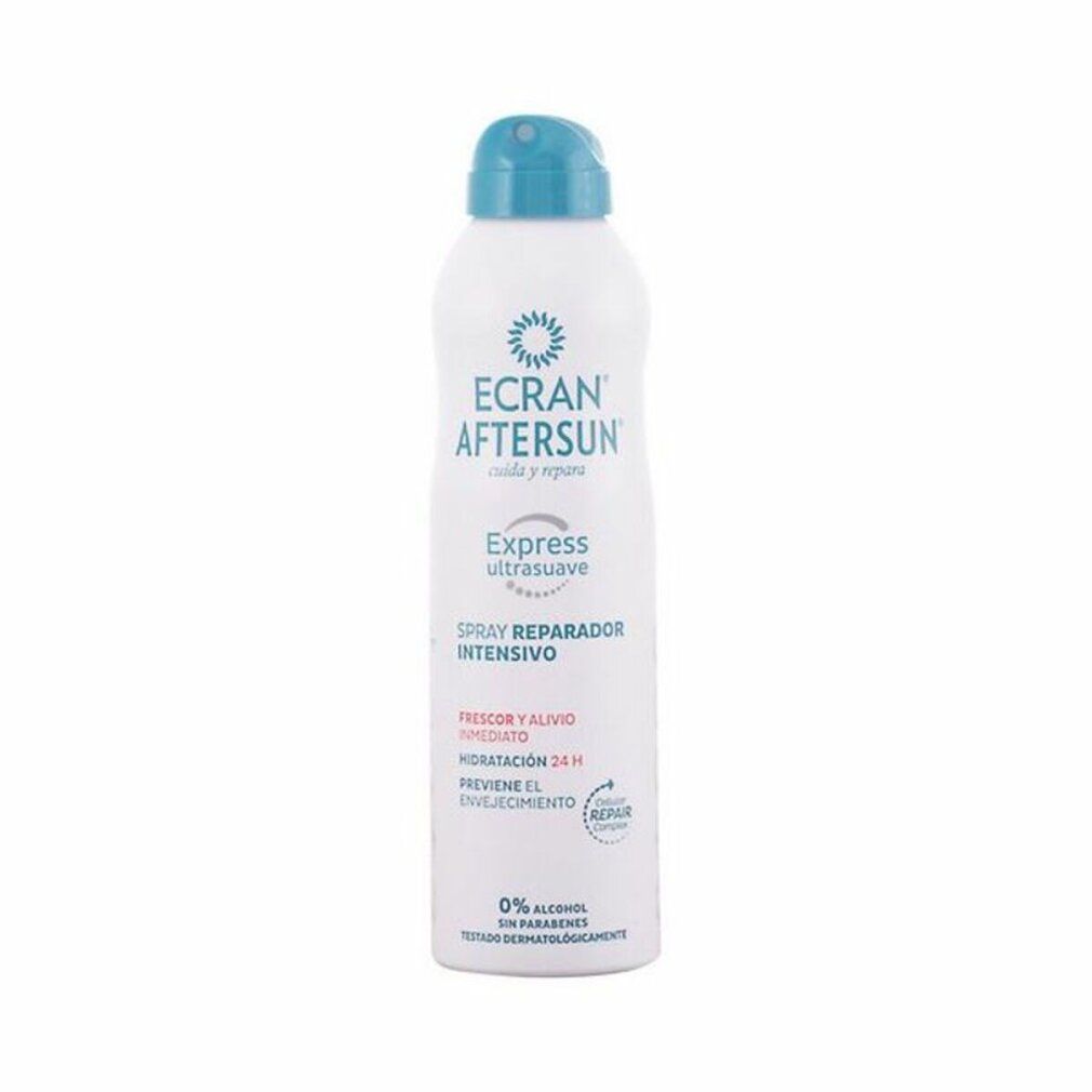 Weißes Spray mit blauem Sprühkopf. Aufschrift: ECRAN AFTERSUN, Express ultrasuave, Spray Reparador Intensivo. 0% Alkohol, ohne Parabene.