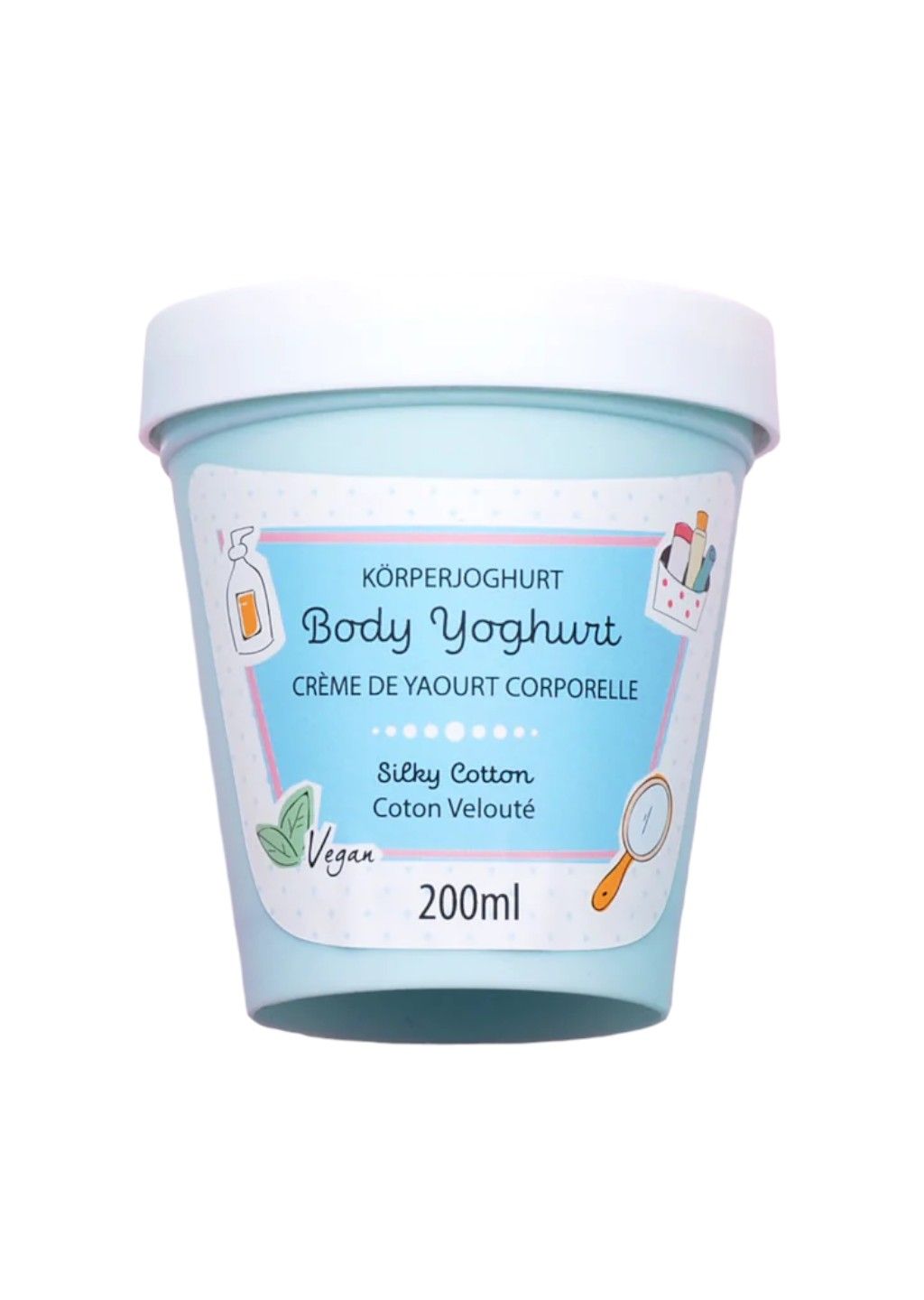 Hellblaues Tiegel mit Deckel. Aufschrift: Body Yoghurt, Silky Cotton, Vegan. 200ml. Abbildung von Kosmetikartikeln.