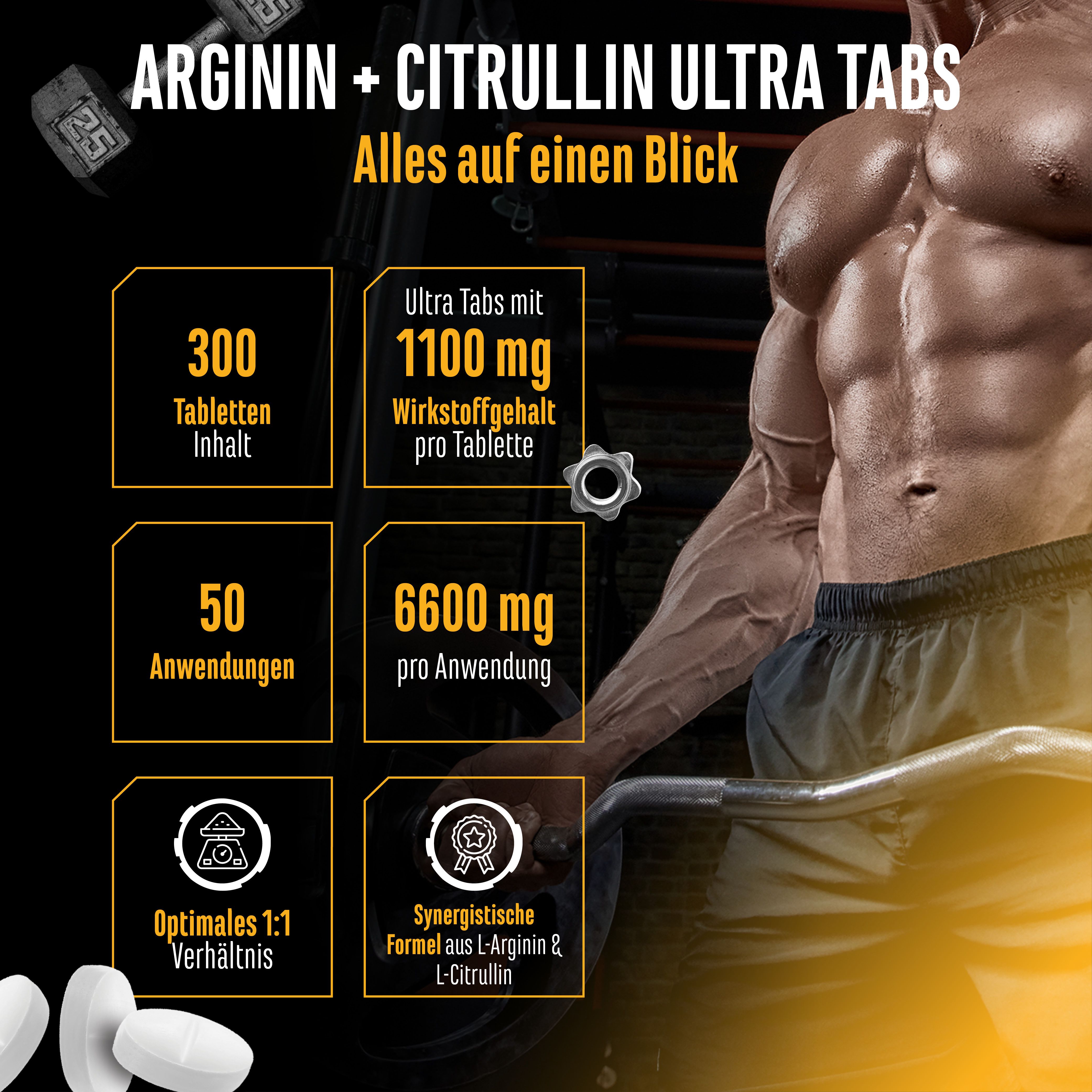 Grafik mit Text: ARGININ + CITRULLIN ULTRA TABS. 300 Tabletten Inhalt, 50 Anwendungen, 1100 mg Wirkstoff pro Tablette, 6600 mg pro Anwendung.