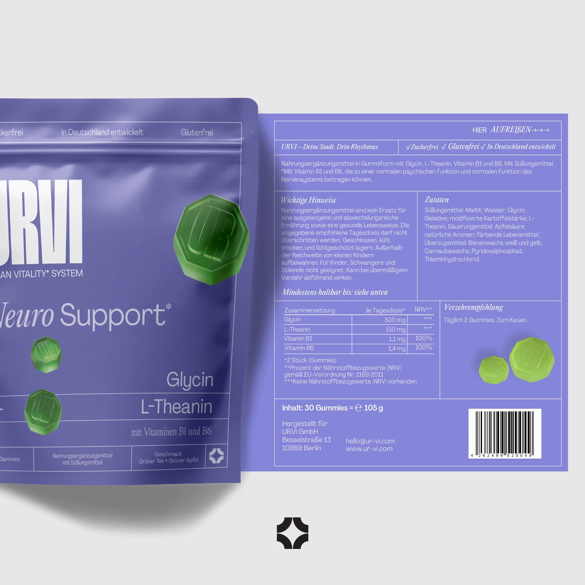 Lila Verpackung mit URVI® Neuro Support. Enthält L-Theanin, Glycin, Vitamin B1 & B6. Rückseite mit Informationen.