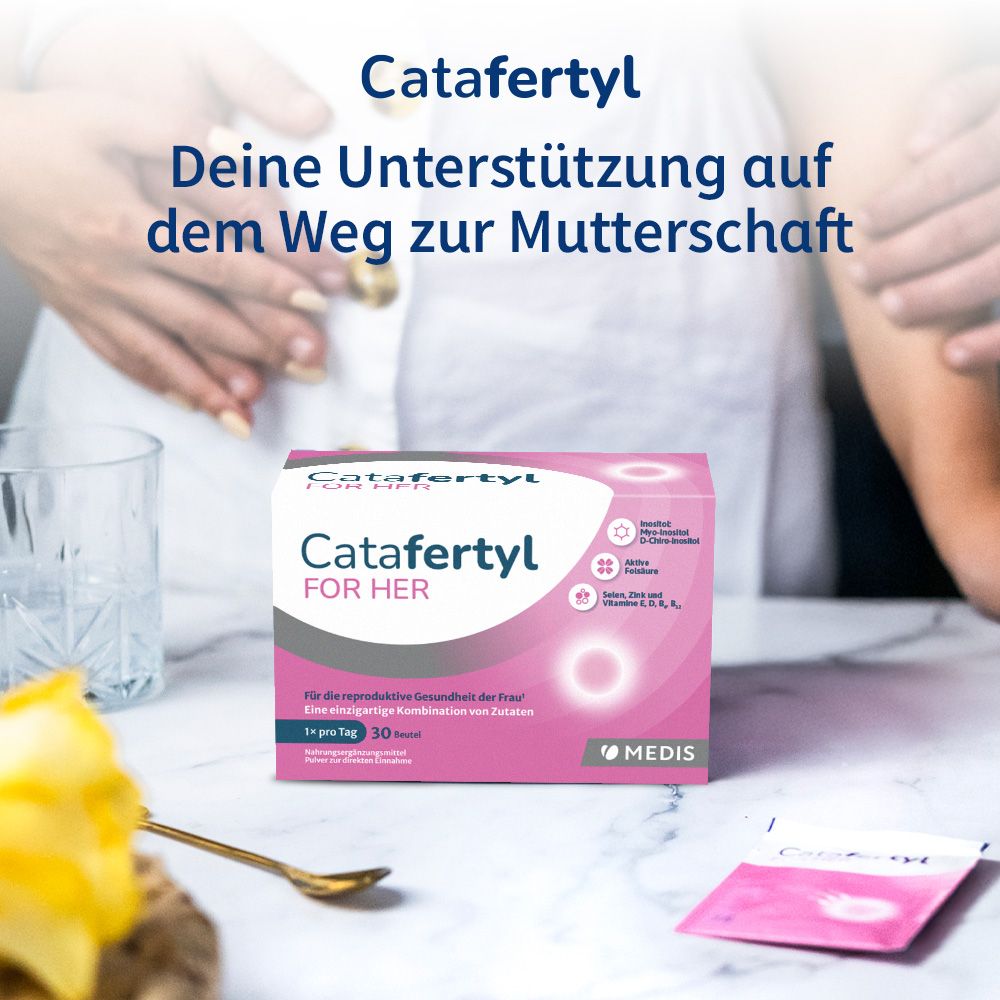 CATAFERTYL FOR HER-Packung, Einzelportion und Glas. Text: Unterstützung auf dem Weg zur Mutterschaft. Marke und Logo sichtbar.