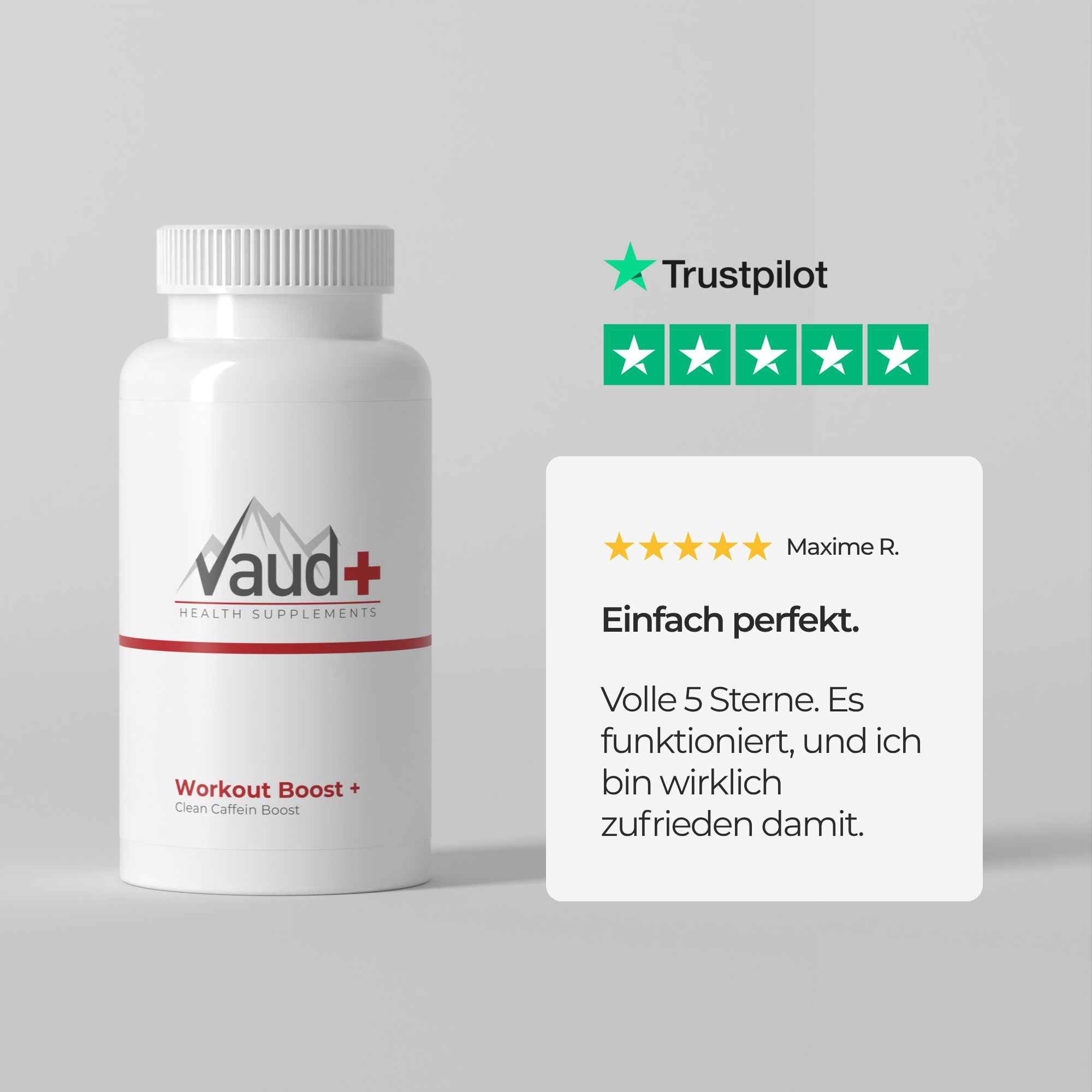 Weiße Flasche mit Vaud+ Logo und Schriftzug Workout Boost+. Trustpilot-Bewertung mit 5 Sternen.