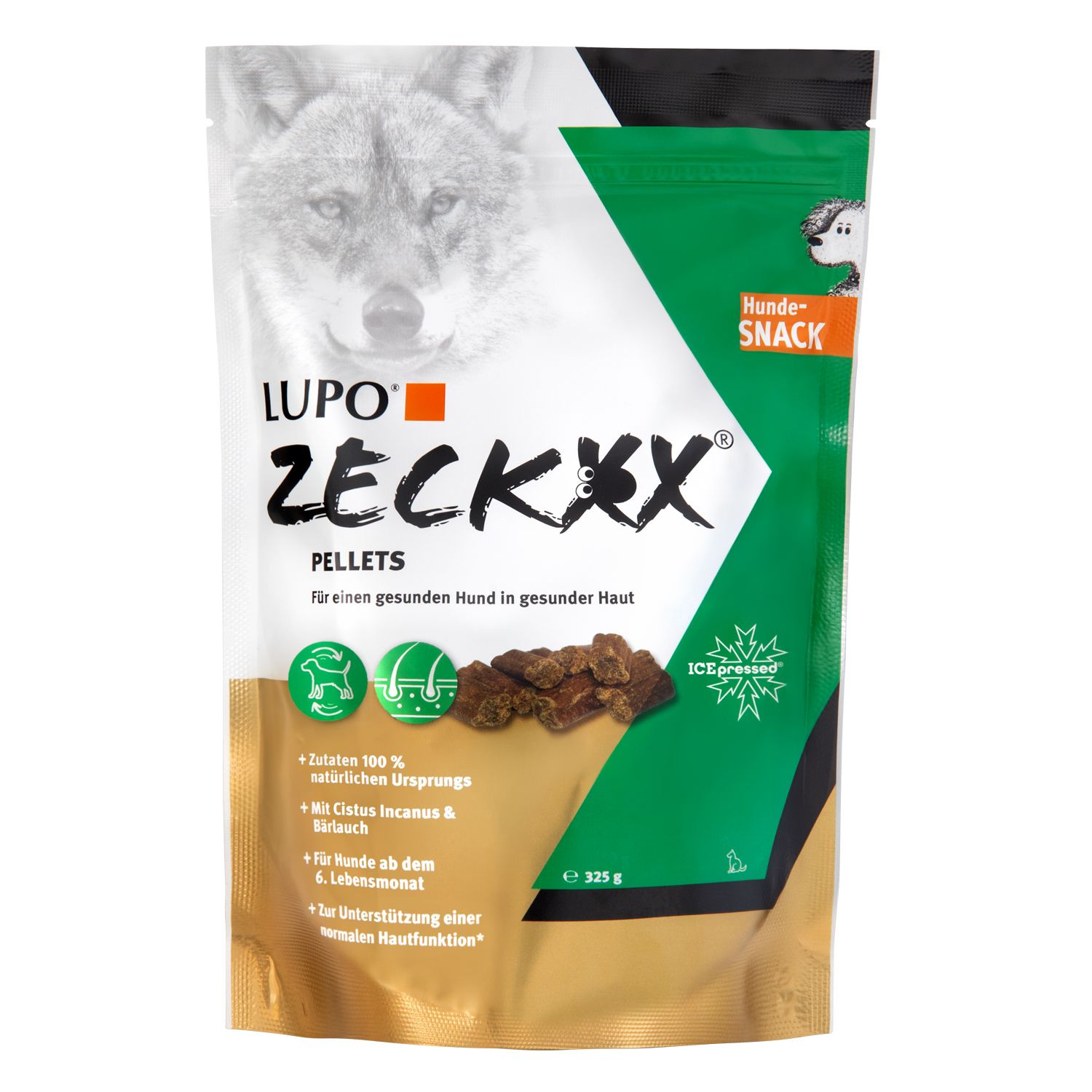 Beutel mit Hundesnacks. Aufschrift LUPO ZECKXX PELLETS. Grün-goldene Verpackung mit Hund und Wolf. 325g.