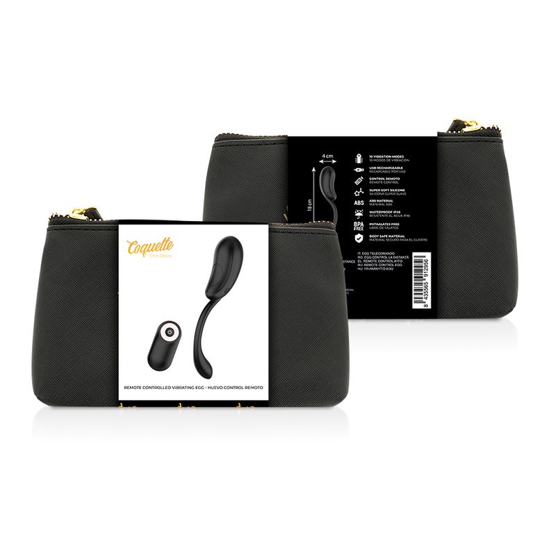 Zwei schwarze Taschen mit Reißverschluss. Auf der Verpackung ist ein Vibrator abgebildet. Auf der Rückseite Text.
