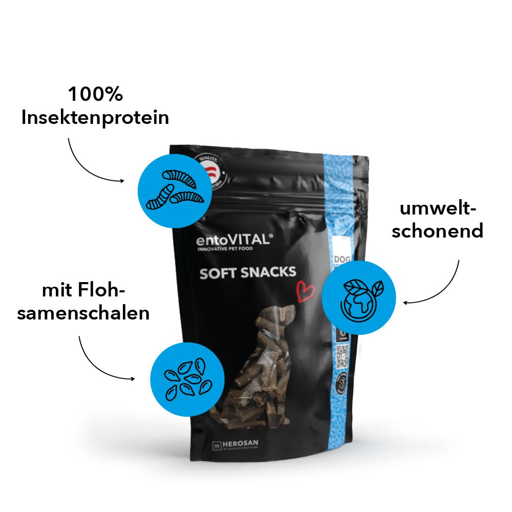 Schwarze Tüte "entoVITAL SOFT SNACKS" mit Illustrationen: Insektenprotein, Flohsamenschalen, umweltschonend.