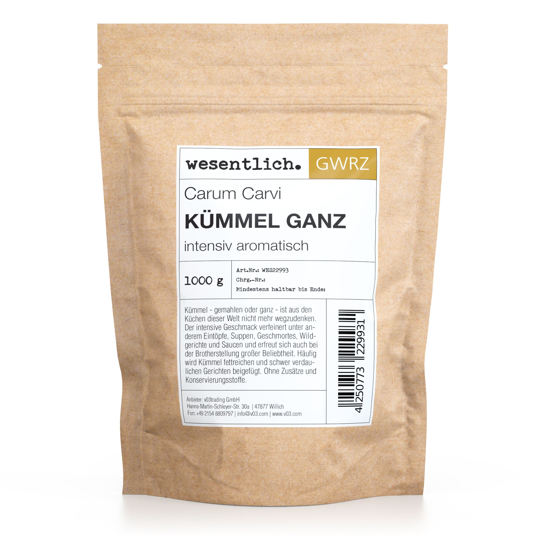 Braune Papiertüte mit Text: Kümmel ganz, intensiv aromatisch. 1000 g. Herstellerinformationen.