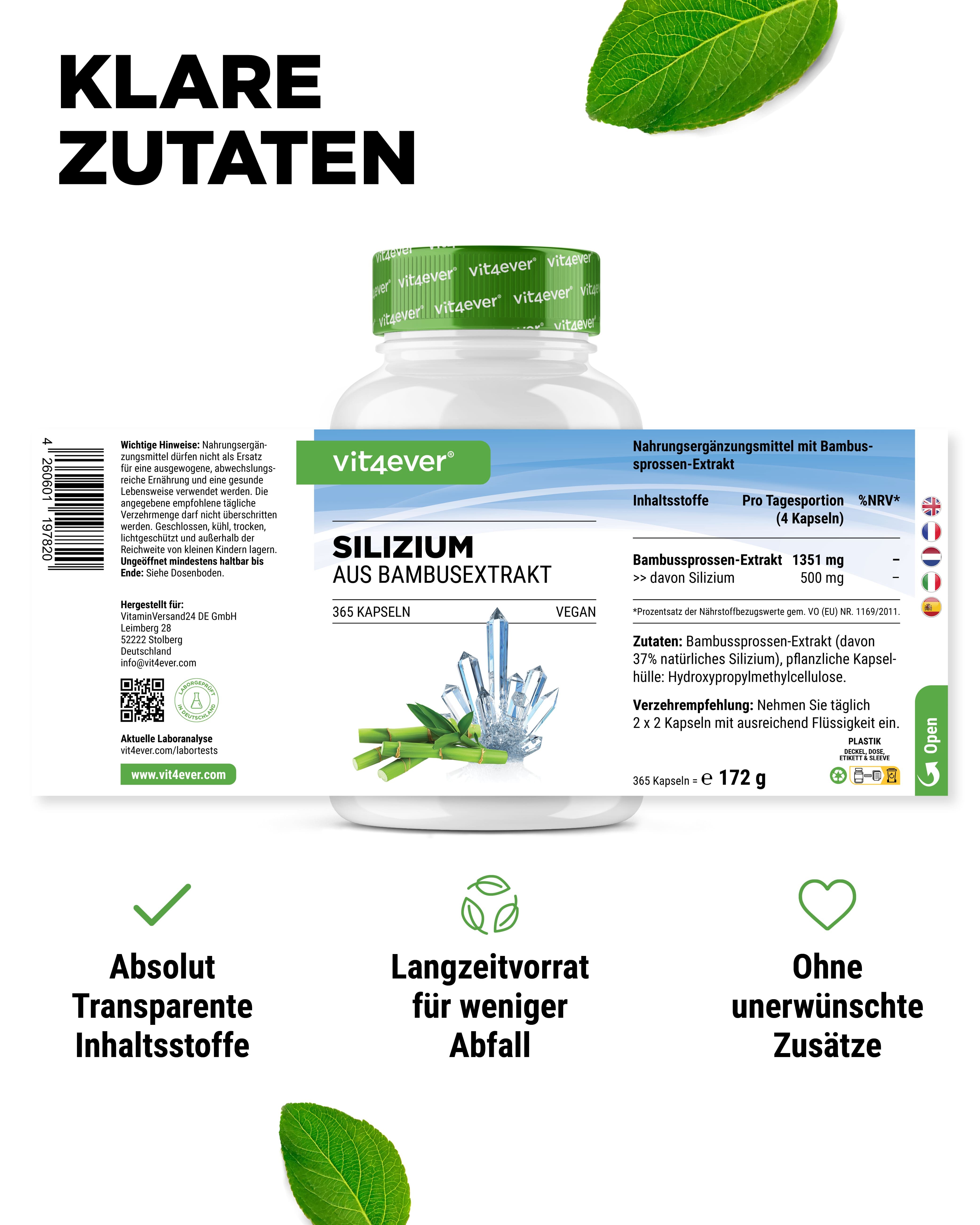 Produktflasche mit Etikett. Aufschrift: Silizium aus Bambusextrakt. Logo: vit4ever. Text: Transparente Inhaltsstoffe, Langzeitvorrat.