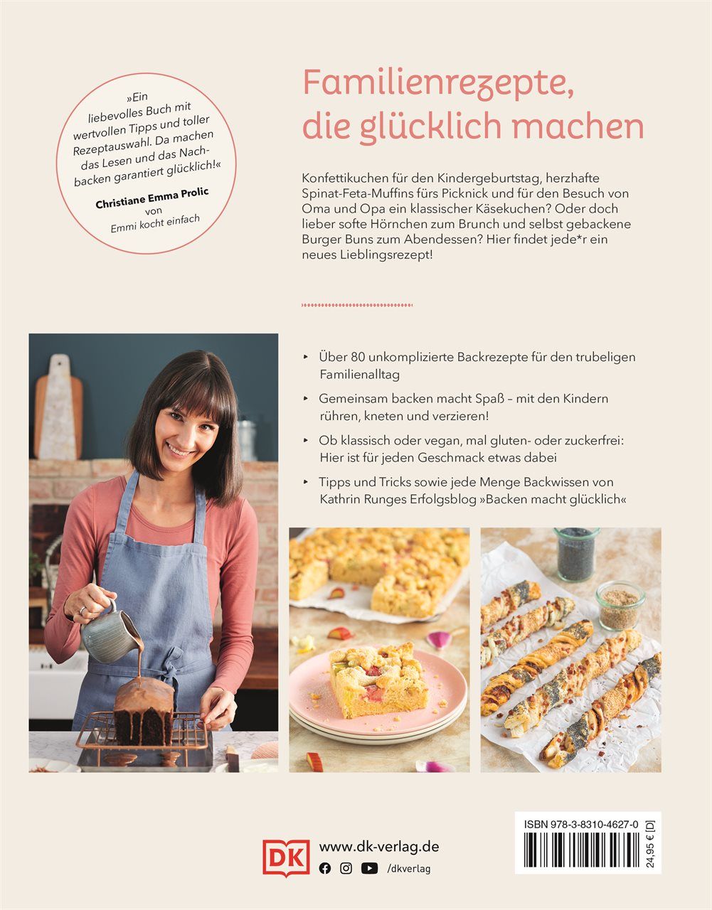 Buchrückseite "Backen macht glücklich". Text, Fotos von Backwaren. DK-Verlag Logo. ISBN-Code.