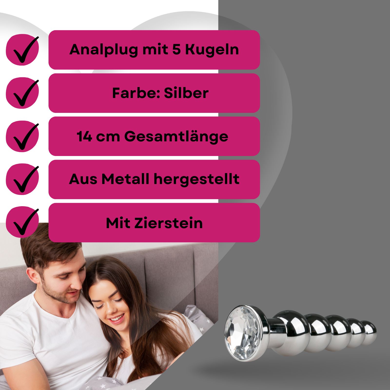 Produktabbildung mit Text: Analplug mit 5 Kugeln, Farbe: Silber, 14 cm Gesamtlänge, aus Metall, mit Zierstein. Paar im Hintergrund.