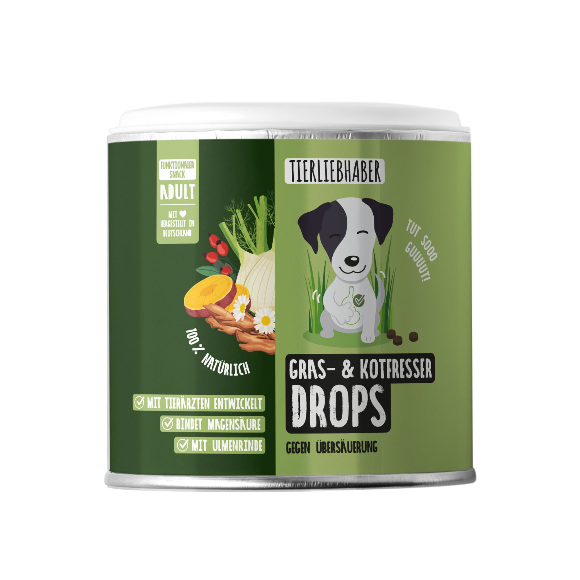 Grüne Dose mit Produktnamen und Hund-Illustration. Text: Gras- & Kotfresser Drops, gegen Übersäuerung. Aufschrift: 100% natürlich.